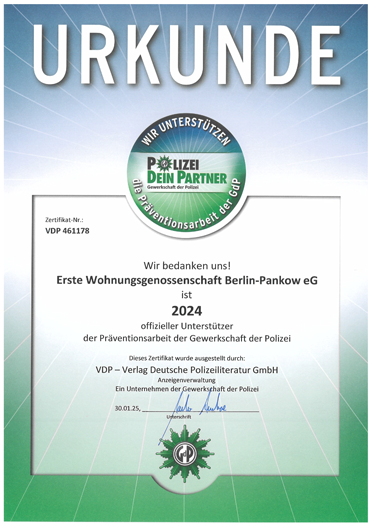 Urkunde der Polizei- EWG ist Unterstutzer der Präventionsarbeit 2024